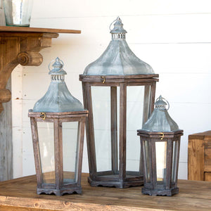 Wood & Galvanized Metal Lanterns Set