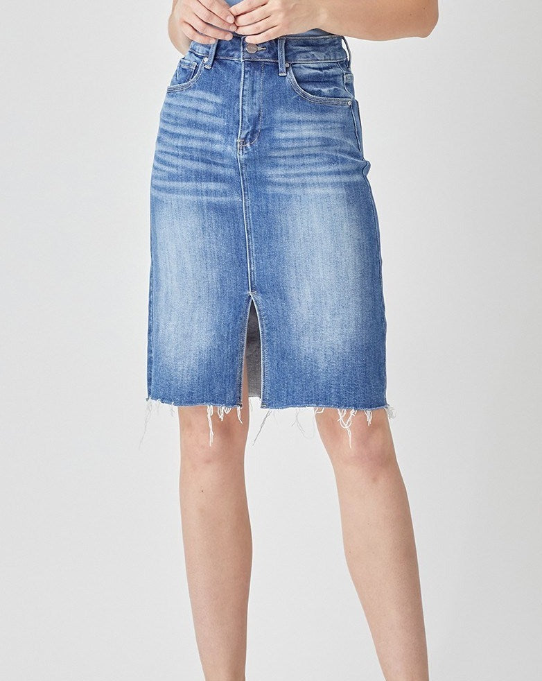 High Rise Denim Pencil Skirt With Front Slit