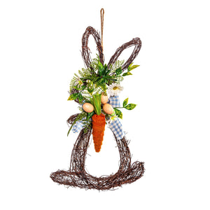 Rattan Bunny With Plaid Bow & Carrot Wall Décor